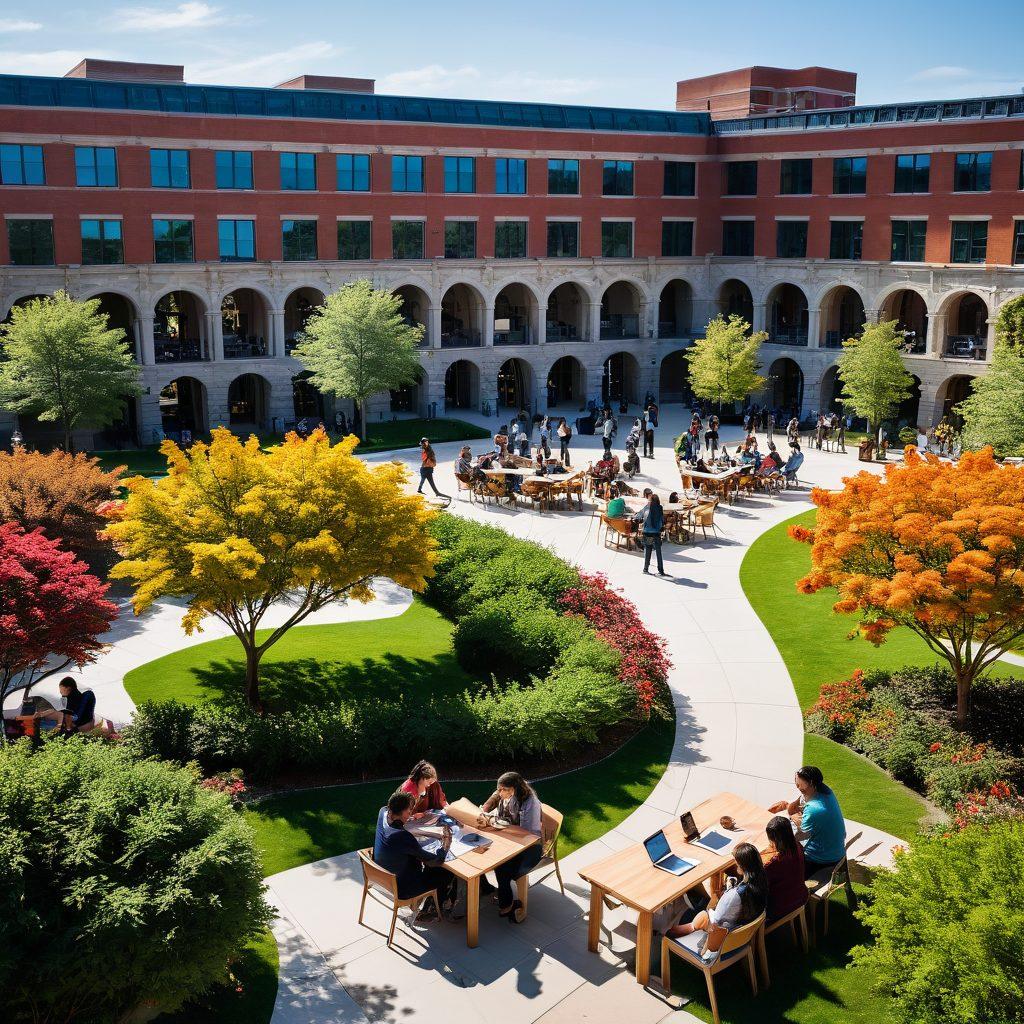 A vibrant campus scene depicting diverse students engaging in various activities like studying, socializing, and attending workshops. The backdrop features iconic university buildings and greenery, with visible resources such as a library and student center. Include elements representing opportunities like internships and clubs, showcasing a lively and inclusive atmosphere. warm colors. 3D. dynamic layout.