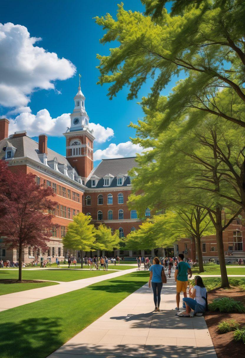 A vibrant college campus scene depicting dynamic students engaging in various activities such as studying, socializing, and exploring. Include iconic University at Albany buildings in the background with bright skies and lush greenery. Showcase diverse groups of students to reflect inclusivity and academic enthusiasm. The scene should be warm and inviting, symbolizing growth and opportunity. super-realistic. vibrant colors. dynamic composition.