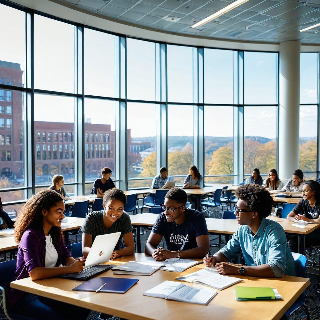 A vibrant and inspiring scene showcasing a diverse group of students collaborating in a bright university environment, surrounded by books and technology. The backdrop features the iconic buildings of the University at Albany, with banners displaying motivational quotes about success. Sunlight streams through large windows, symbolizing opportunity and growth. Elements of networking and resource-sharing are depicted, like digital screens and discussion boards. super-realistic. vibrant colors. educational theme.